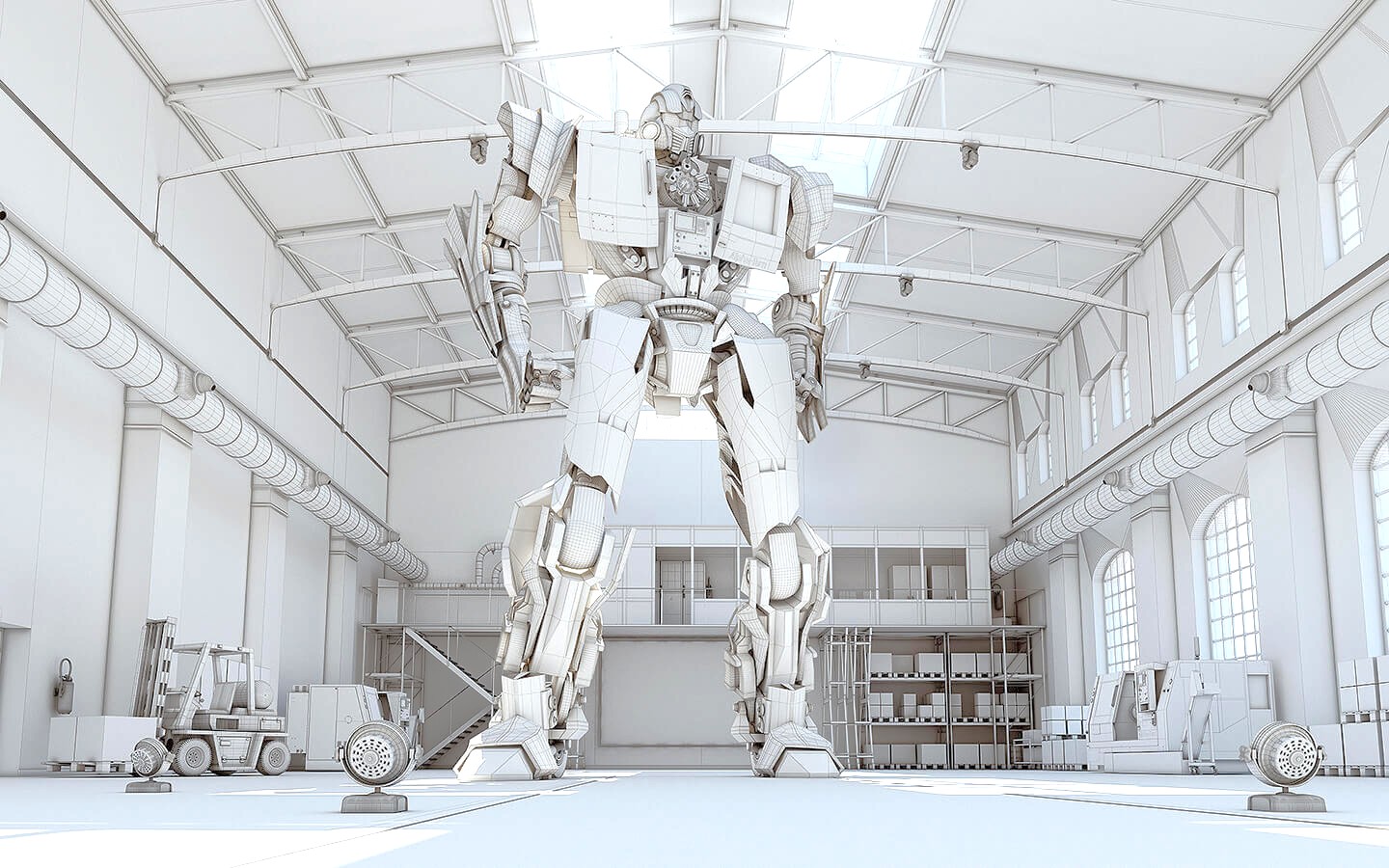 Wireframe (siatka 3D) modelu robota CNC KAAST w hali — etap budowy sceny 3D z geometrii CAD