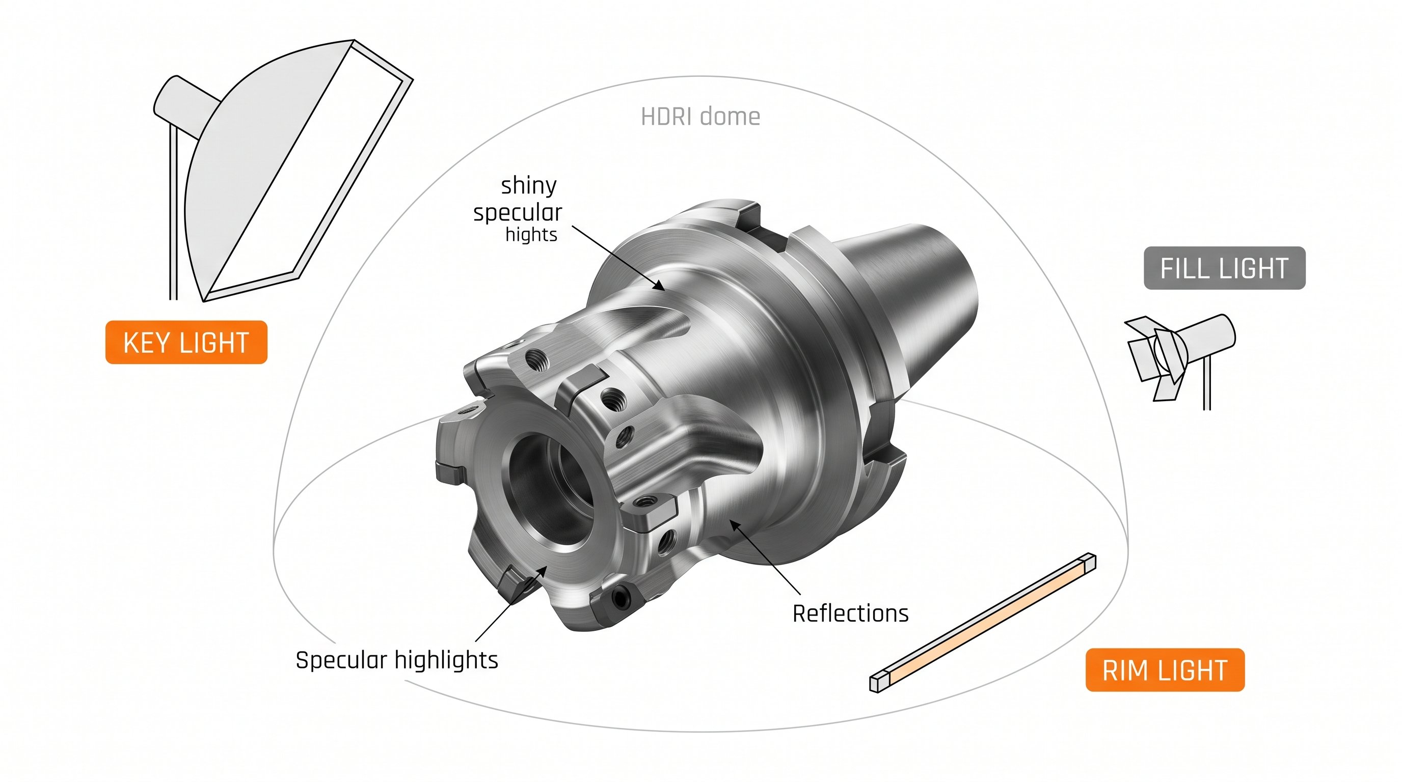 Konfiguracja oświetlenia 3D — key light, fill light, rim light, kopuła HDRI dla produktu przemysłowego