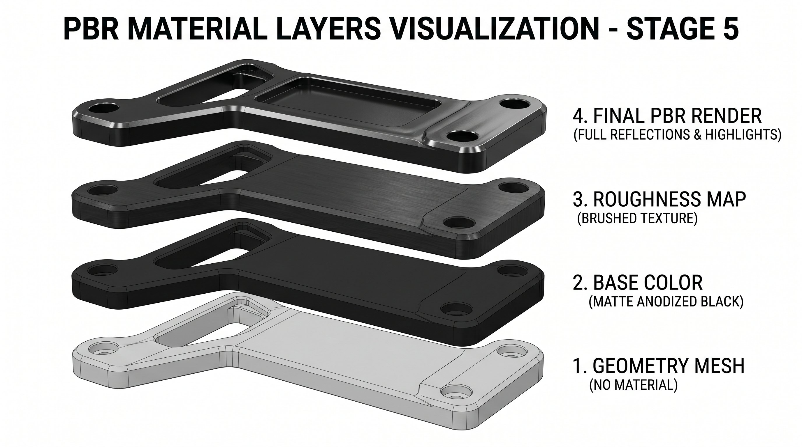 Warstwy materiałów PBR — od siatki geometrii do pełnego fotorealistycznego renderu