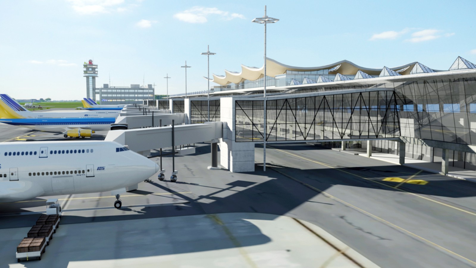 wizualizacja lotnicza - lotnisko i system holowania samolotów