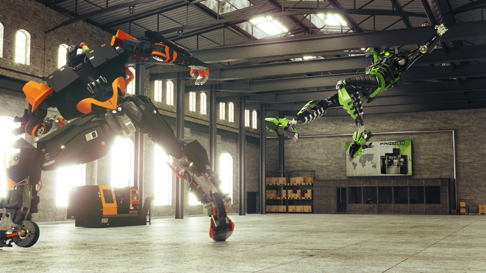 scena walki robotów wykonanych z ploter cnc , studio animacji 3d