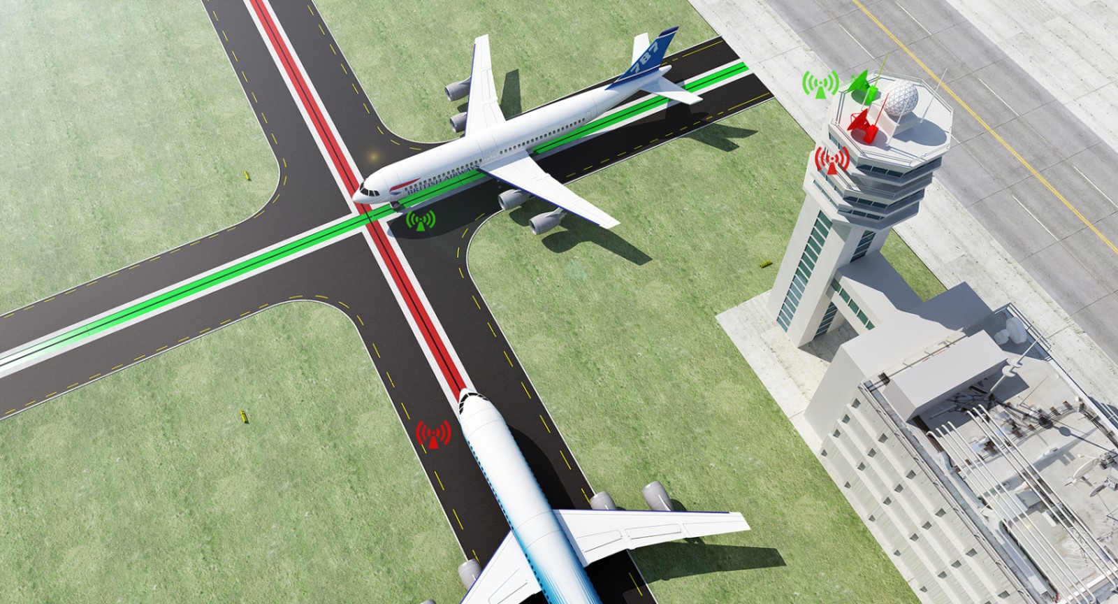 wizualizacja 3D z lotu ptaka sytemu holowania samolotów