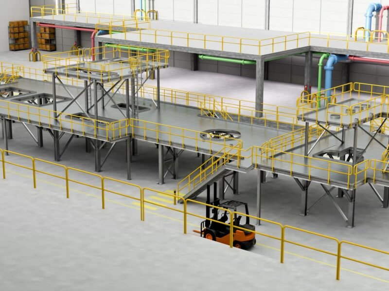 Platformy i pomosty stalowe TLC w hali produkcyjnej - animacja 3D