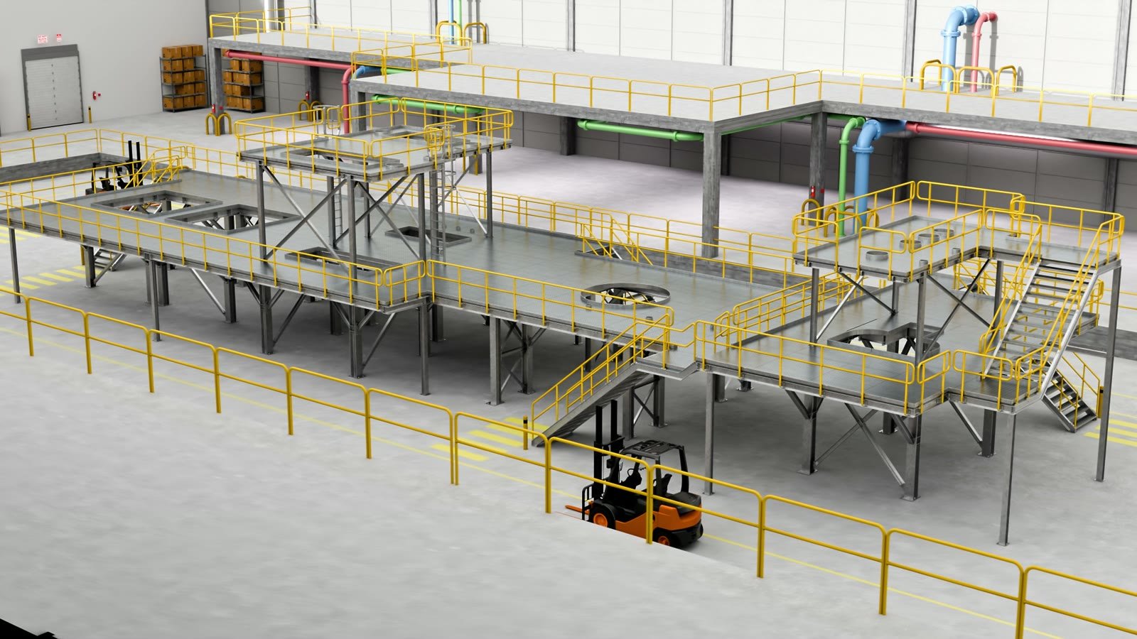 Platformy i pomosty stalowe TLC w hali produkcyjnej — animacja 3D